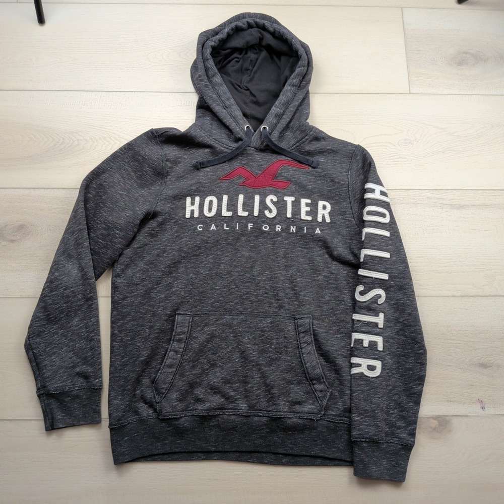 Vintage Y2K Hollister Logo Hoodie Mens M Charcoal Gray Marl Pullover Sweatshirt
